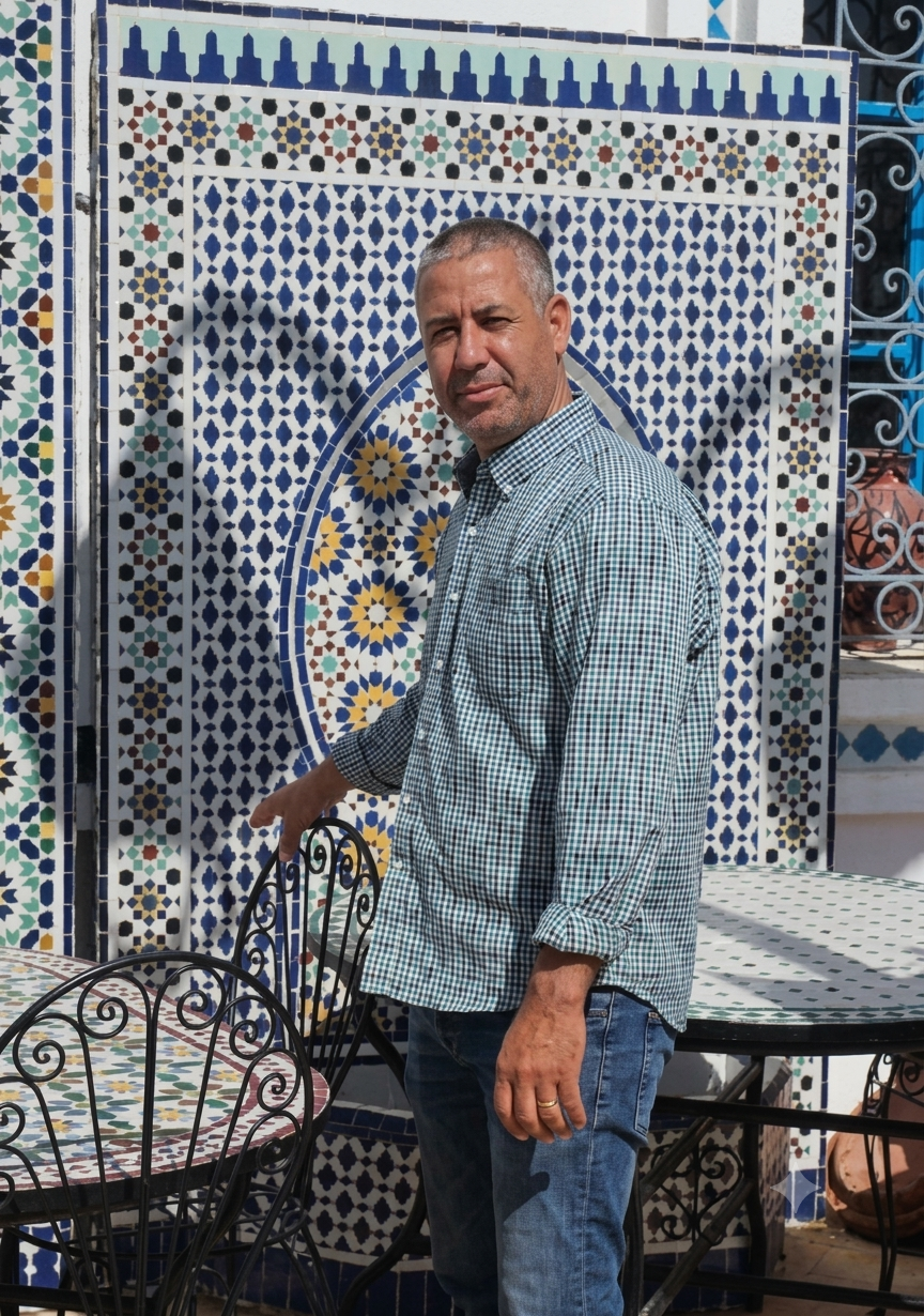 Le Mâalem TRAVTAZI devant des créations en zellige